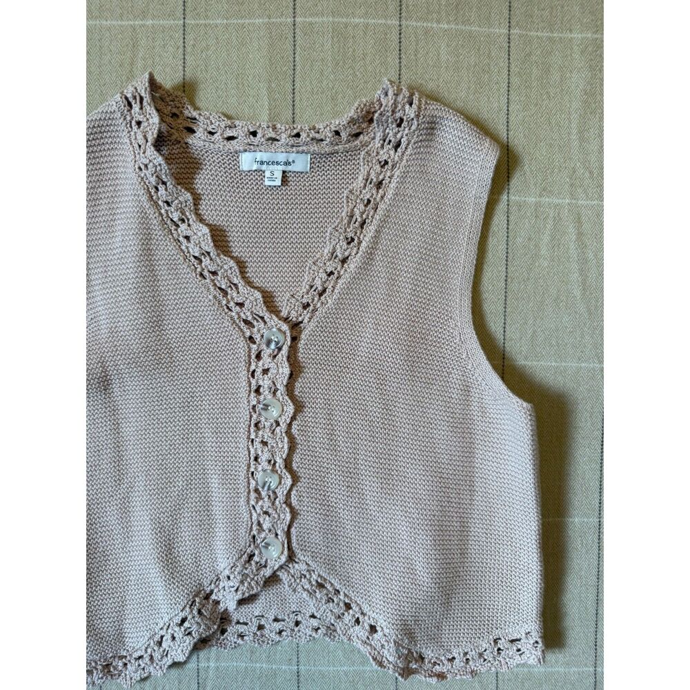 Francesca's 100% Cotton Crochet Button Up Vest Shirt Women's Small Cream Boho